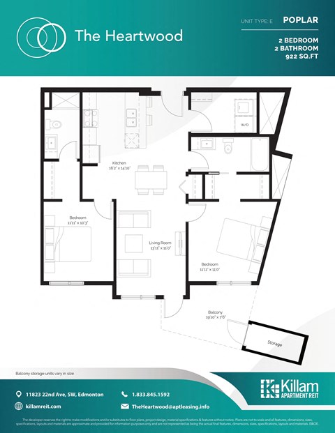 Floor plan for 2 beds, 2 baths, 882 sqft